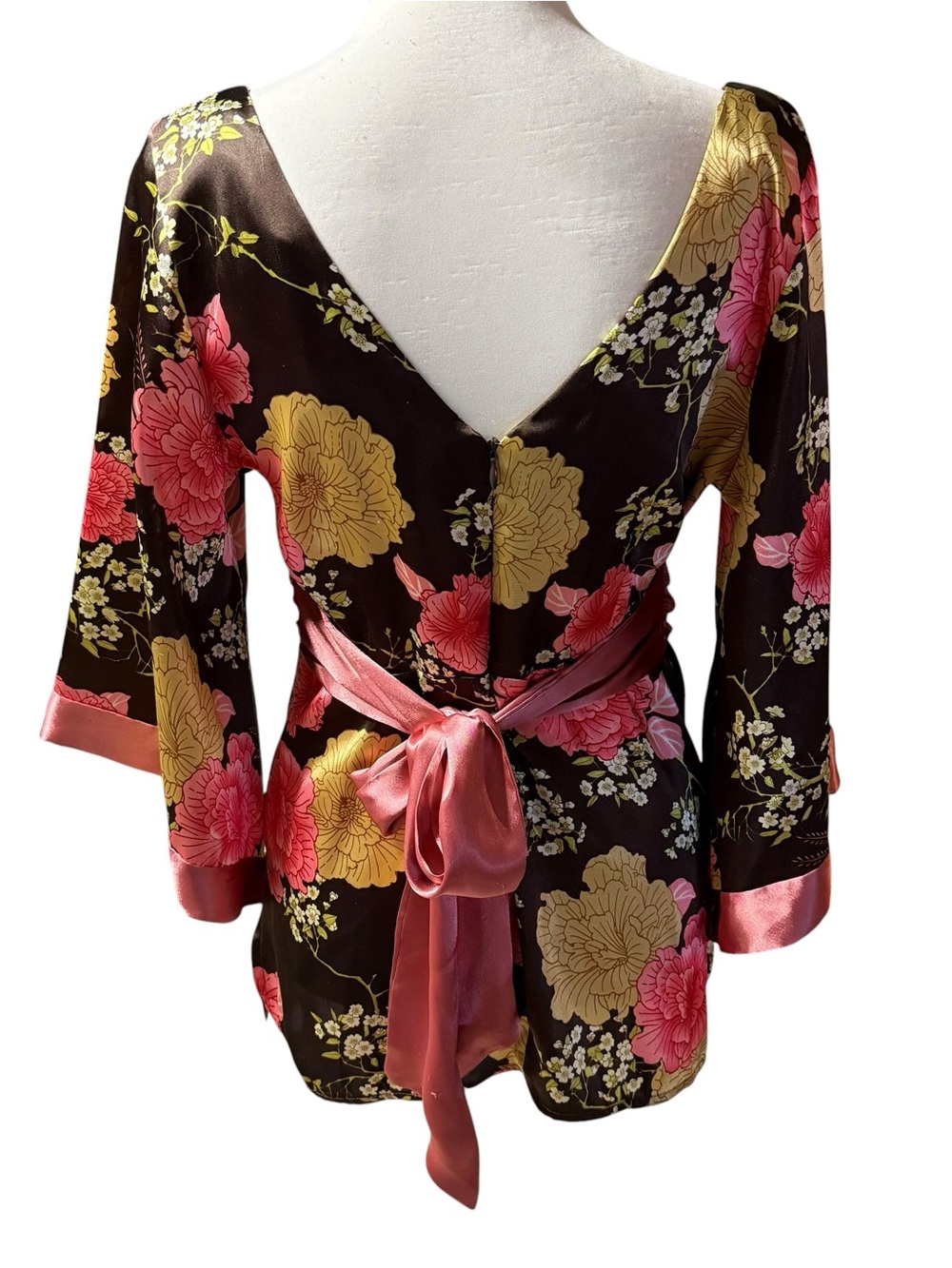 Forever 21 Brown Floral Satin Kimono V-Neck Top women’s sz Large Obi Belt - Picture 5 of 10